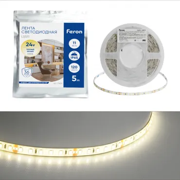 Светодиодная LED лента 120SMD(2835)/м 11Вт/м 24V 5000*8*1.22мм 3000К IP65 Feron 51634