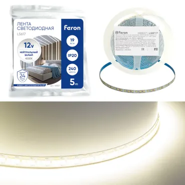 Светодиодная LED лента Feron LS617 240SMD(2835)/м 19Вт/м 12V 5000*10*1.22мм 4000К IP20 48827