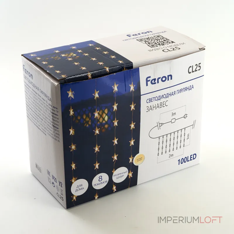 Гирлянда занавес FERON CL25 100LED 2700К (теплый белый) 2*1м+3м IP20 6W 48607 от ImperiumLoft