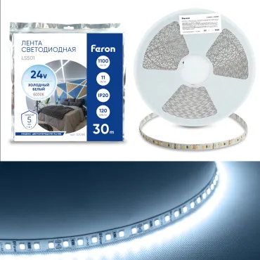 Светодиодная LED лента 120SMD(2835)/м 11Вт/м 24V 6000К 30м IP20 Feron 53088 Светодиодная LED лента 120SMD(2835)/м 11Вт/м 24V 6000К 30м IP20 Feron 53088
