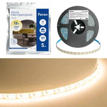 Светодиодная LED лента 180SMD(2835)/m 17W/m 12V 5000*10*122мм 3000К IP65 Feron 51638