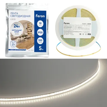 Светодиодная COB лента Feron LS530 480SMD(2110)/м 12Вт/м 24V 5000*5*1.8мм 4000К 51845