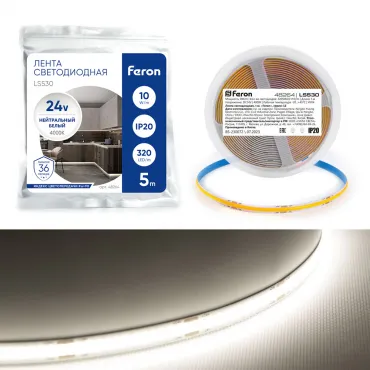 Светодиодная COB лента Feron LS530 320SMD(2110)/м 10Вт/м 24V 5000*8*1.8мм 4000К IP20 48264