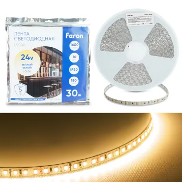 Светодиодная LED лента 180SMD(2835)/м 16Вт/м 24V 3000К 30м IP20 Feron 53089