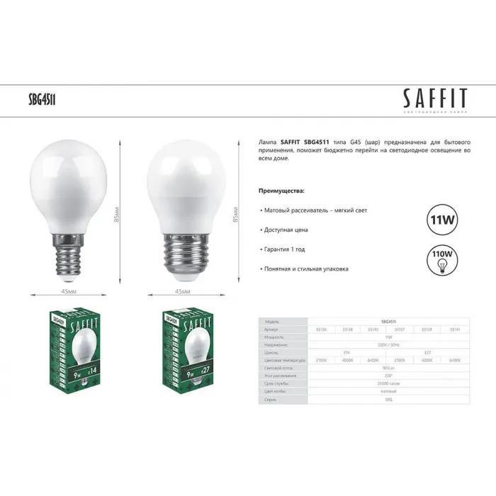 Лампа светодиодная SAFFIT SBG4511 Шарик E27 11W 230V 4000K 55139 от ImperiumLoft