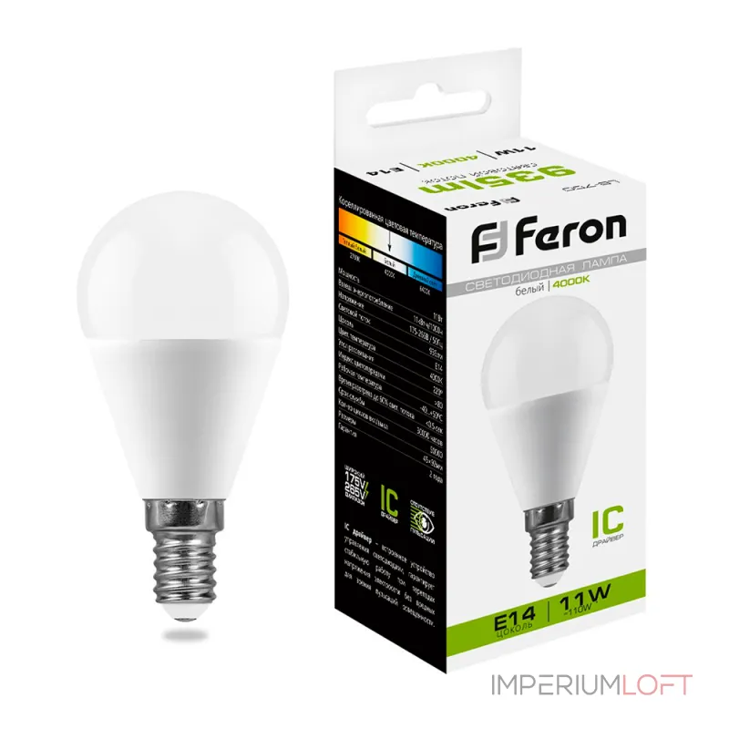 Лампа светодиодная Feron LB-750 Шарик E14 11W 175-265V 4000K 25947 Лампа светодиодная Feron LB-750 Шарик E14 11W 175-265V 4000K 25947