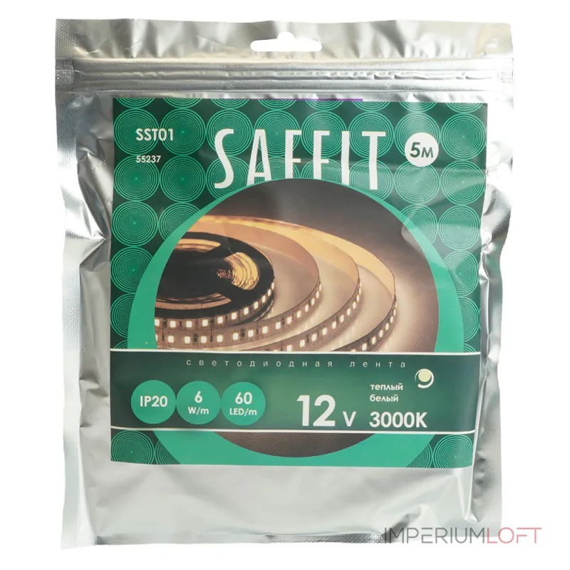 Светодиодная LED лента Feron SST01 SAFFIT 60SMD(2835)/m 6Вт/м 12V 5000*8*1.22мм 3000K IP20 55237