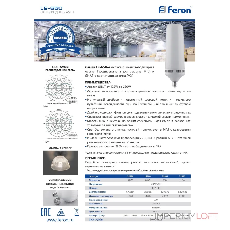 Лампа светодиодная Feron LB-650 E27-E40 60W 6400K 25890