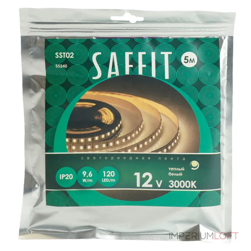 Светодиодная LED лента Feron SST02 SAFFIT 120SMD(2835)/м 9.6Вт/м 12V 5000*8*1.22мм 3000К IP20 55240