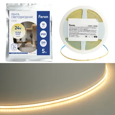 Светодиодная COB лента Feron LS530 480SMD(2110)/м 12Вт/м 24V 5000*5*1.8мм 3000К 51844 Светодиодная COB лента Feron LS530 480SMD(2110)/м 12Вт/м 24V 5000*5*1.8мм 3000К 51844