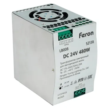 Трансформатор электронный для светодиодной ленты на DIN-рейку480W 24V 63*125.5*113мм IP20 Feron 52138