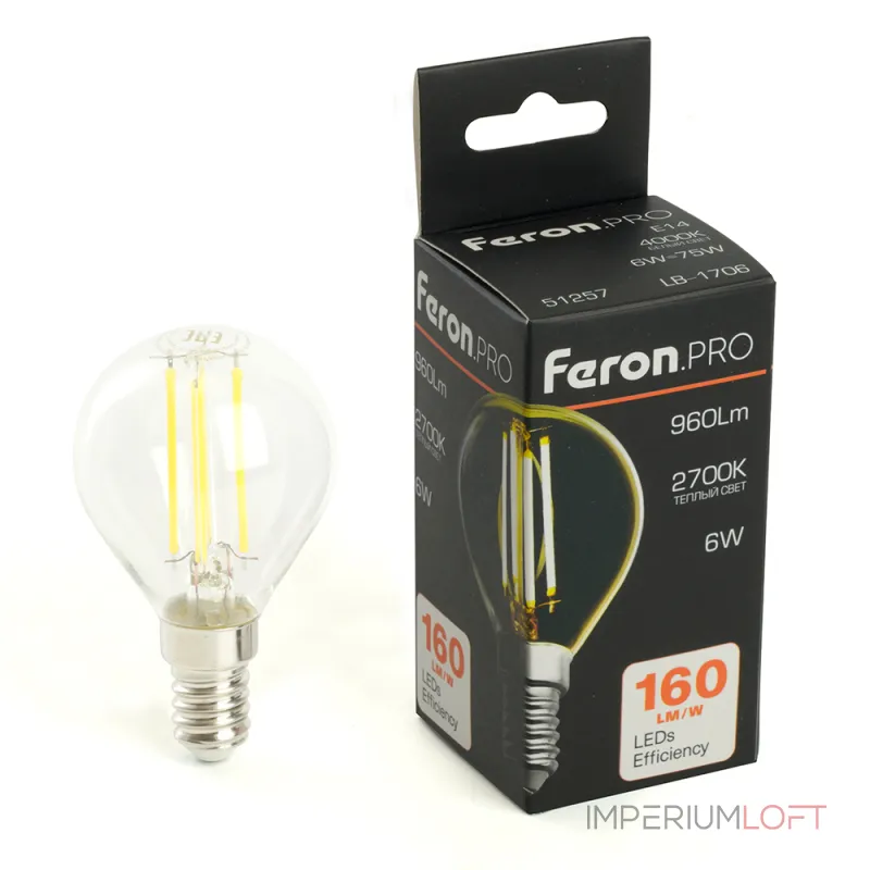 Лампа светодиодная Feron.PRO LB-1706 Шарик E14 960LM 6W 175-265V 2700K 51256 Лампа светодиодная Feron.PRO LB-1706 Шарик E14 960LM 6W 175-265V 2700K 51256