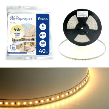 Лента светодиодная стабилизированная Feron 120SMD(2835)/м 8Вт/м 48V 40000*10*1.22мм 3000К IP20 LS420 48791