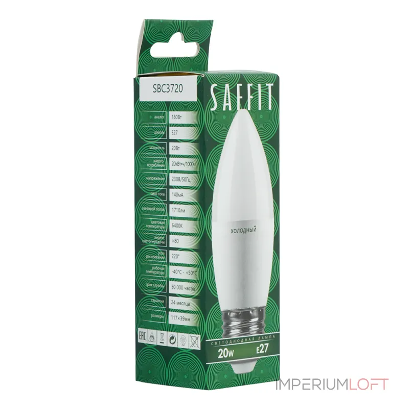 Лампа светодиодная SBC3720 C37 (свеча) 20W 230V E27 6400К (холодный) Feron Saffit 55271