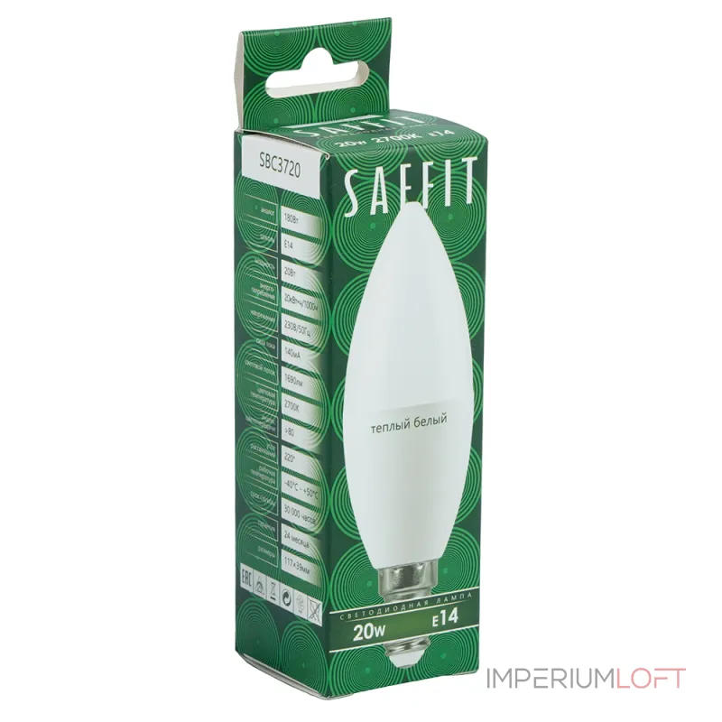 Лампа светодиодная SBC3720 C37 (свеча) 20W 230V E14 2700К (теплый белый) Feron Saffit 55272