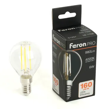 Лампа светодиодная Feron.PRO LB-1706 Шарик E14 980LM 6W 175-265V 4000K 51257 Лампа светодиодная Feron.PRO LB-1706 Шарик E14 980LM 6W 175-265V 4000K 51257