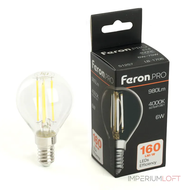 Лампа светодиодная Feron.PRO LB-1706 Шарик E14 980LM 6W 175-265V 4000K 51257 Лампа светодиодная Feron.PRO LB-1706 Шарик E14 980LM 6W 175-265V 4000K 51257