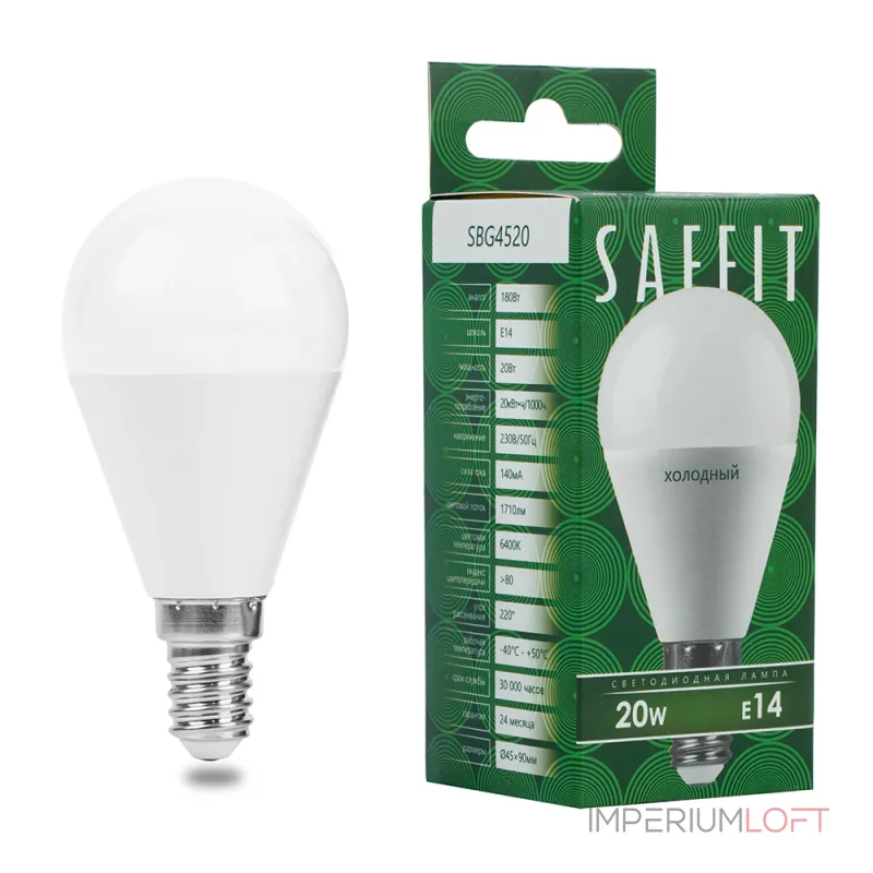 Лампа светодиодная SBG4520 G45 (шар) 20W 230V E14 6400К (холодный) Feron Saffit 55280 Лампа светодиодная SBG4520 G45 (шар) 20W 230V E14 6400К (холодный) Feron Saffit 55280