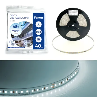 Лента светодиодная стабилизированная Feron 120SMD(2835)/м 8Вт/м 48V 40000*10*1.22мм 6500К IP20 LS420 48793