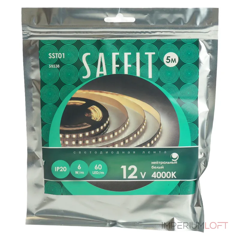 Светодиодная LED лента Feron SST01 SAFFIT 60SMD(2835)/m 6Вт/м 12V 5000*8*1.22мм 4000K IP20 55238