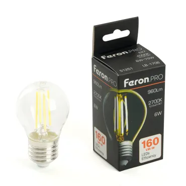 Лампа светодиодная Feron.PRO LB-1706 Шарик E27 960LM 6W 175-265V 2700K 51250 Лампа светодиодная Feron.PRO LB-1706 Шарик E27 960LM 6W 175-265V 2700K 51250