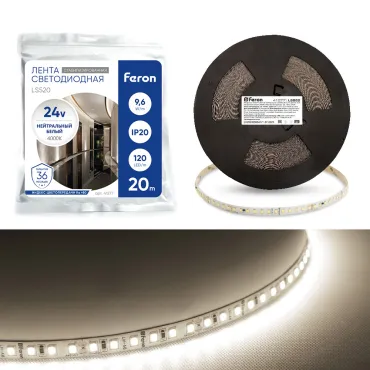 Светодиодная лента стабилизированная 120SMD(2835)/м 11Вт/м 24V 20000*10*1.22мм 4000К IP20 Feron 41277