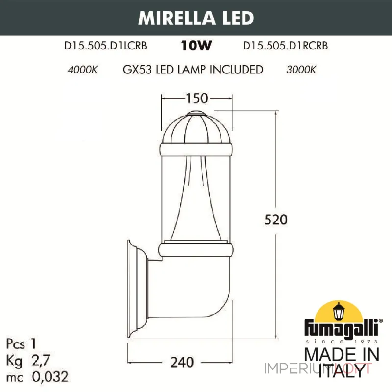 Светильник уличный настенный FUMAGALLI MIRELLA D15.505.000.VXD1L.CRB Светильник уличный настенный FUMAGALLI MIRELLA D15.505.000.VXD1L.CRB