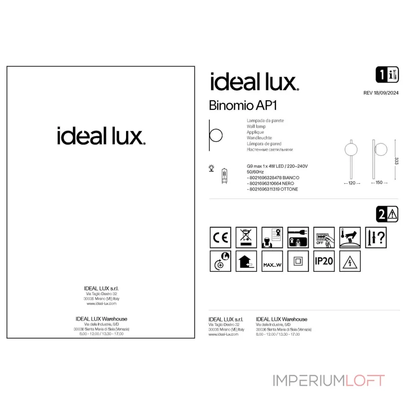 Настенный светильник Ideal Lux BINOMIO 310664