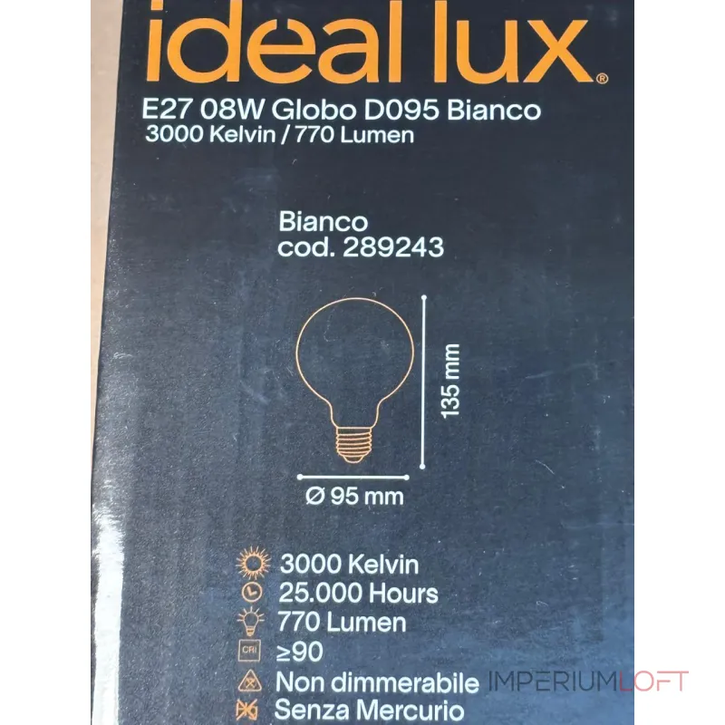 Филаментная лампа D95 8Вт 770Лм 3000K CRI90 Е27 230В Ideal Lux Globo 289243 Филаментная лампа D95 8Вт 770Лм 3000K CRI90 Е27 230В Ideal Lux Globo 289243