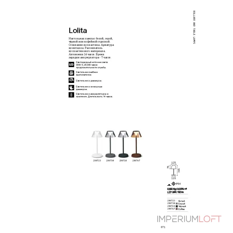 Уличный настольный светильник Ideal Lux LOLITA 286716