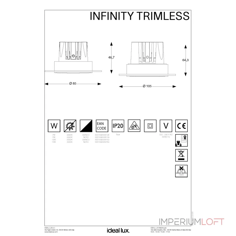Потолочный встраиваемый светильник Ideal Lux INFINITY 356129