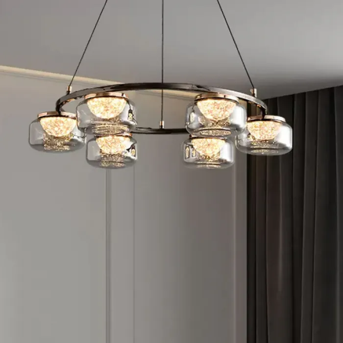 Серия люстр с LED-источниками света в полусферических рассеивателях с эффектом льда внутри стеклянных плафонов MAYER RING D60 от ImperiumLoft