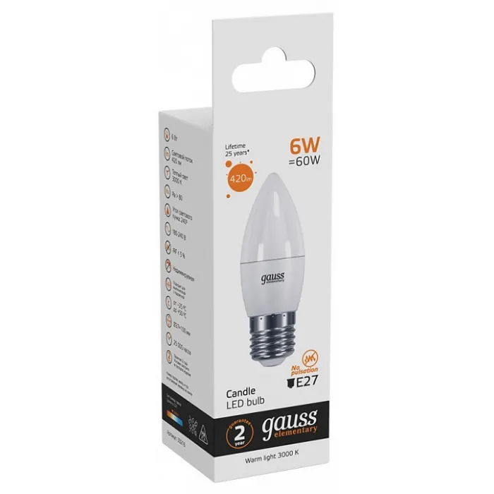 Лампа светодиодная Gauss Led Elementary Candle E27 6Вт 3000K 33216 от ImperiumLoft