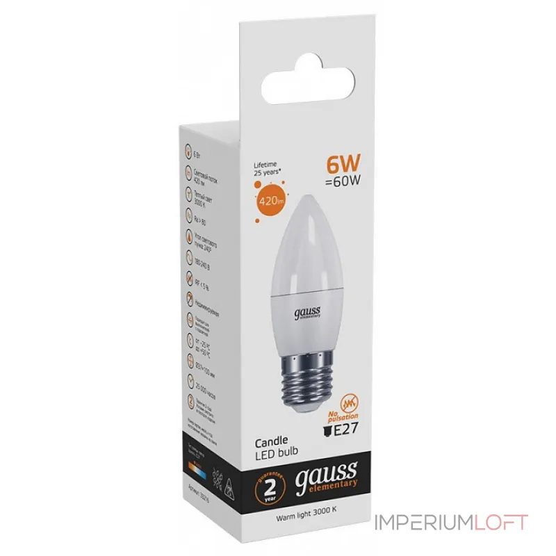 Лампа светодиодная Gauss Led Elementary Candle E27 6Вт 3000K 33216 от ImperiumLoft