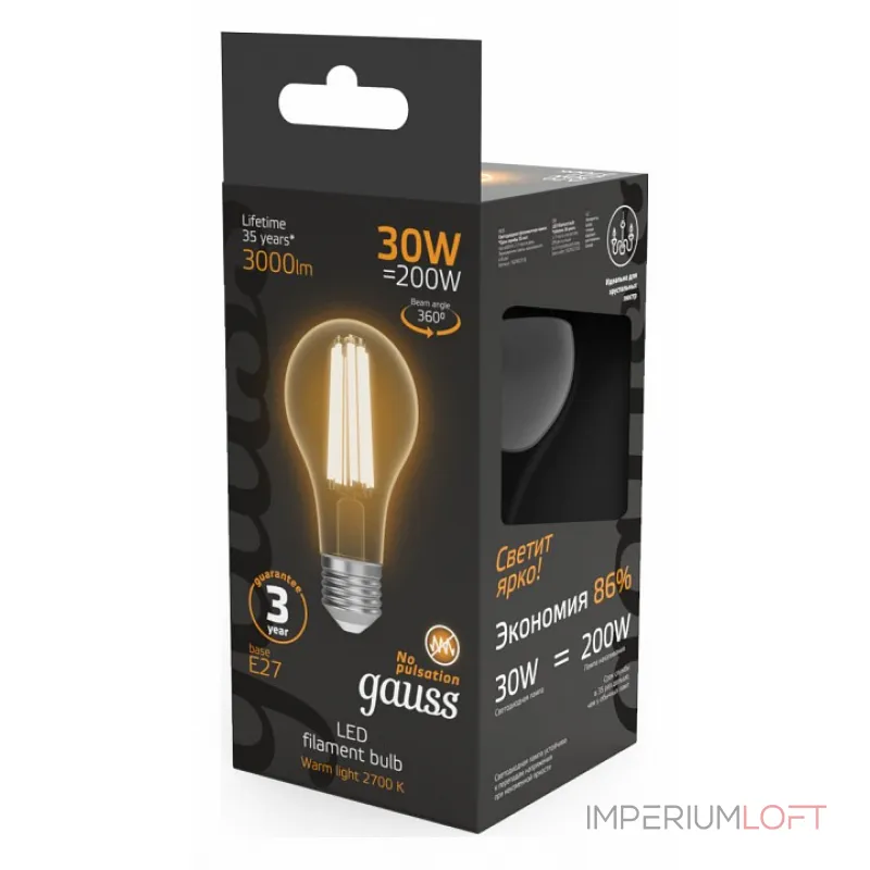 Лампа светодиодная Gauss Filament E27 30Вт 2700K 102902130
