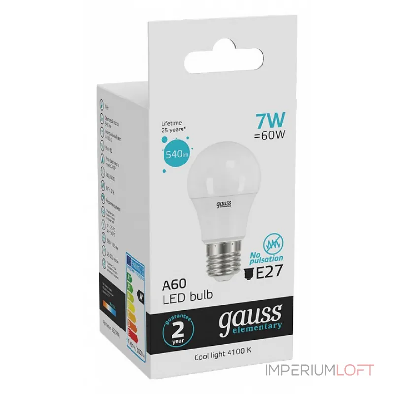 Лампа светодиодная Gauss Led Elementary A60 E27 7Вт 4100K 23227A Цвет арматуры золото Цвет плафонов золото