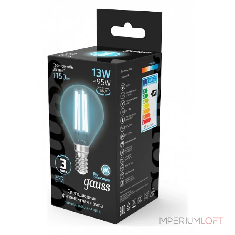 Лампа светодиодная Gauss Filament E14 13Вт 4100K 105801213