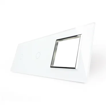 Белая рамка для двух одноклавишных сенсорных выключателей с розеткой