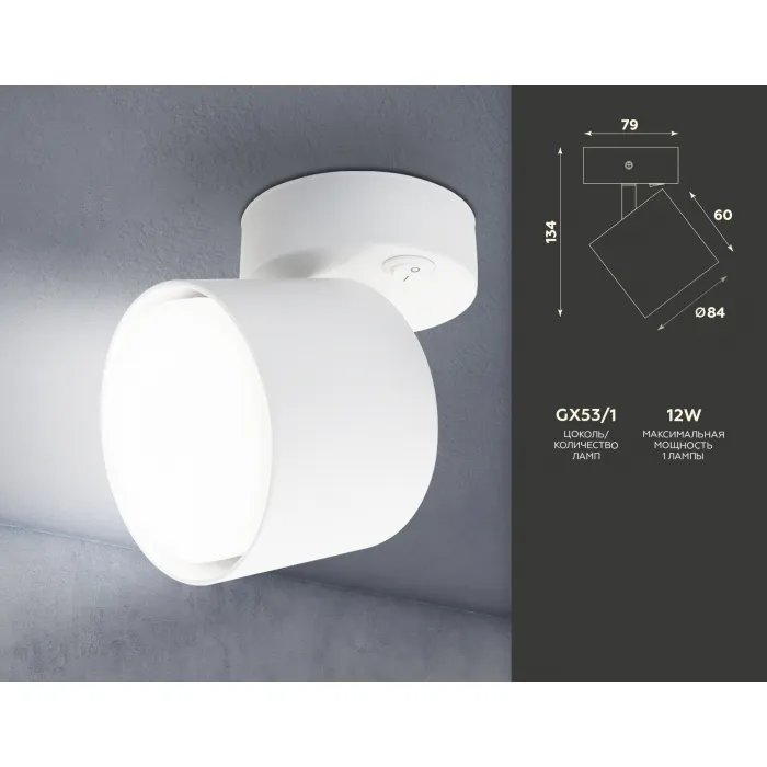 Накладной спот с выключателем TA132 WH белый GX53 max 12W D79*134*D84 от NovaLamp