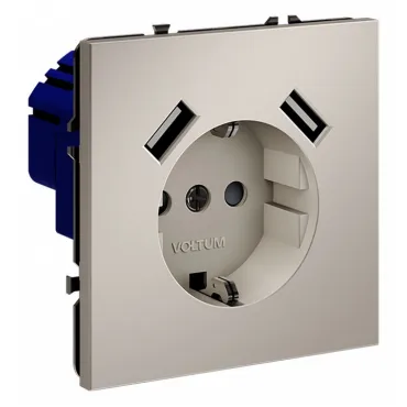 Розетка с заземлением и со шторкой и 2хUSB type A без рамки Voltum S70 VLS040403