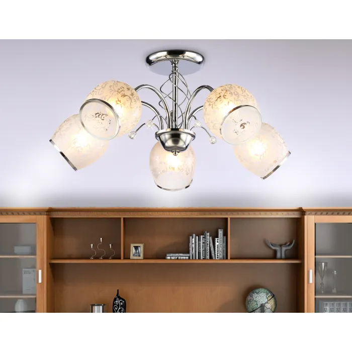 Подвесная люстра TR3188/5 CH/CL/FR хром/прозрачный/белый матовый E27/5 max 40W D600*285 от NovaLamp