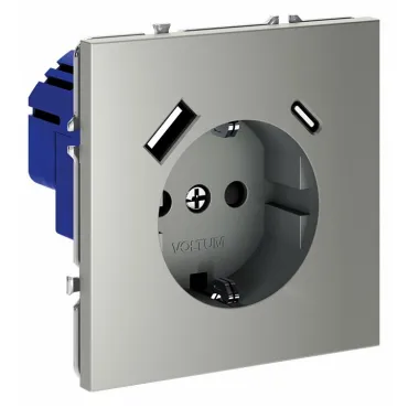 Розетка с заземлением и со шторкой и 2хUSB type A и C без рамки Voltum S70 VLS040505