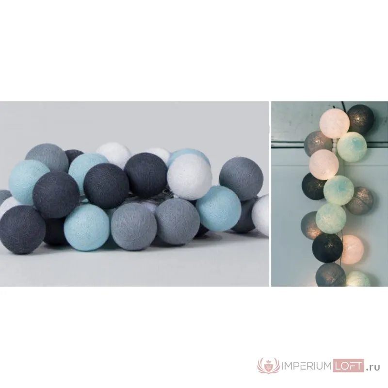 Гирлянда хлопковые фонарики Сotton Ball Aqua-Grey от ImperiumLoft