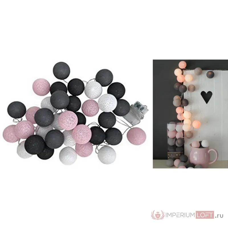 Гирлянда хлопковые фонарики Сotton Ball Pink-Grey от ImperiumLoft