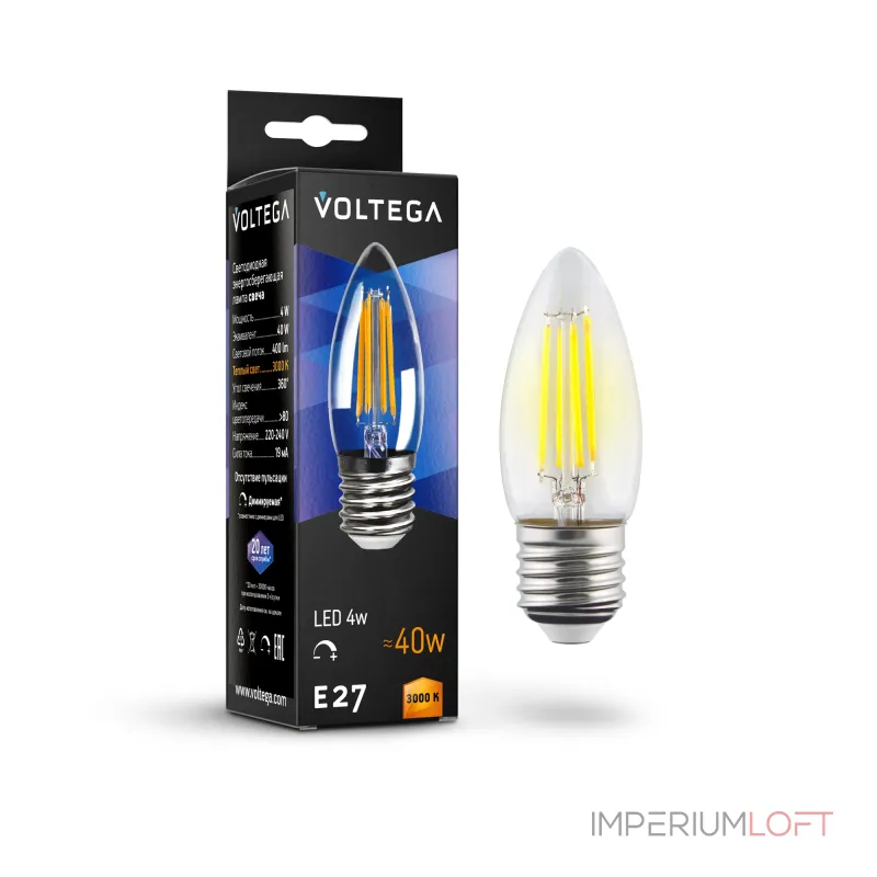 Светодиодная лампа филамент свеча 5Вт 3000K E27 360° диммируемая Voltega Candle dim 5W 8462