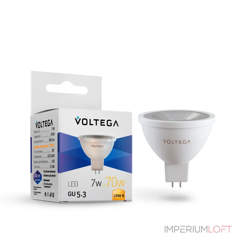 Светодиодная лампа MR16 7W 2700K 38° GU5.3 Voltega Simple 7258