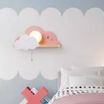 Настенный светильник с белым шарообразным плафоном на деревянной полочке с декоративными облаками Бра CUTE PINK от ImperiumLoft