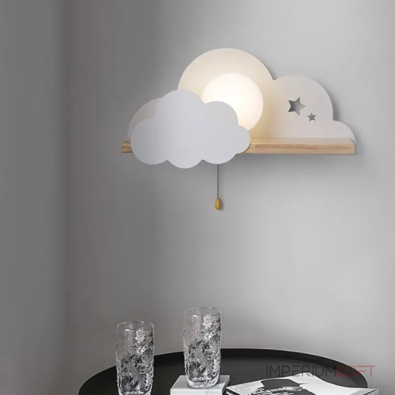 Настенный светильник с белым шарообразным плафоном на деревянной полочке с декоративными облаками Бра CUTE PINK от ImperiumLoft Настенный светильник с белым шарообразным плафоном на деревянной полочке с декоративными облаками Бра CUTE PINK от ImperiumLoft