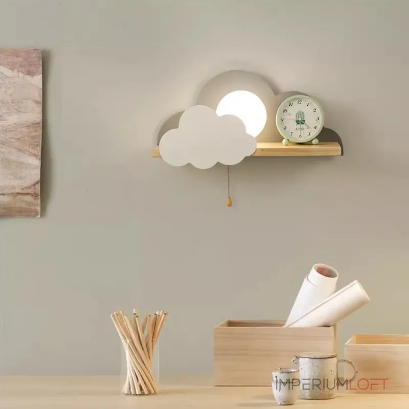 Настенный светильник с белым шарообразным плафоном на деревянной полочке с декоративными облаками Бра CUTE PINK от ImperiumLoft Настенный светильник с белым шарообразным плафоном на деревянной полочке с декоративными облаками Бра CUTE PINK от ImperiumLoft