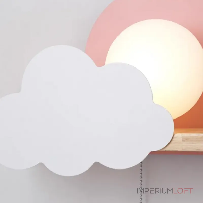 Настенный светильник с белым шарообразным плафоном на деревянной полочке с декоративными облаками Бра CUTE PINK от ImperiumLoft Настенный светильник с белым шарообразным плафоном на деревянной полочке с декоративными облаками Бра CUTE PINK от ImperiumLoft